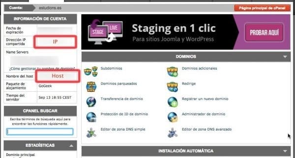 Datos de la cuenta en SiteGround - IP y host