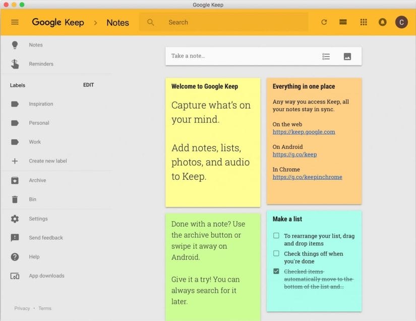 Desktop Google Keep OSX